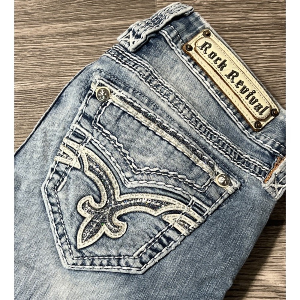 Rock Revival Liri Sequin Faux Flap Low Rise Straight Leg Jeans Size 26 (28x30)